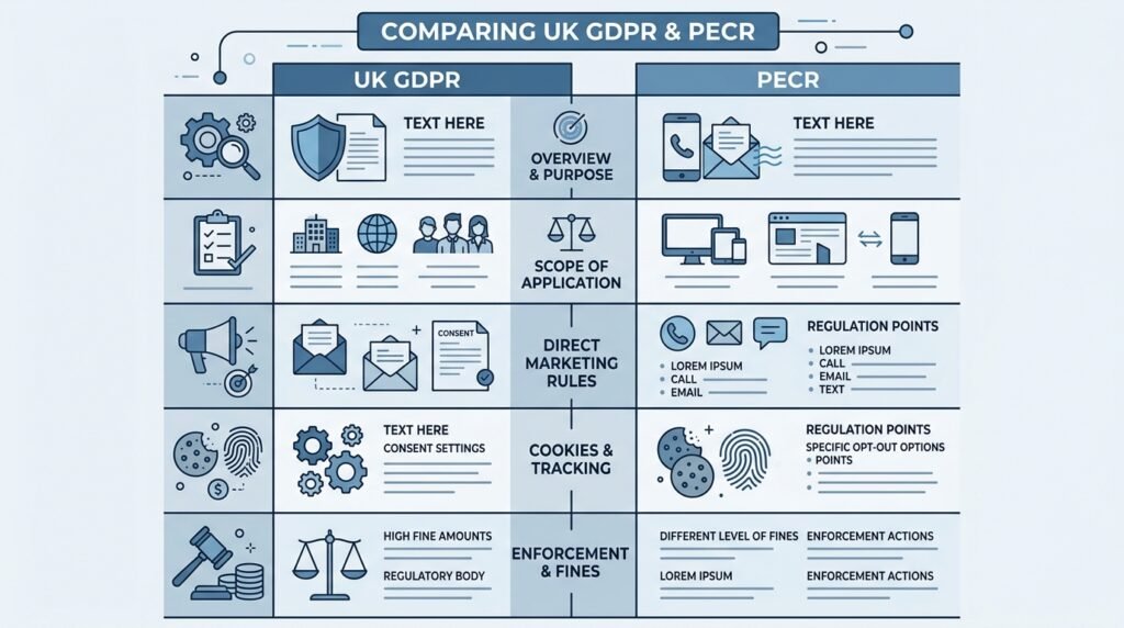 Diagram comparing UK GDPR and PECR rules for small business lead generation