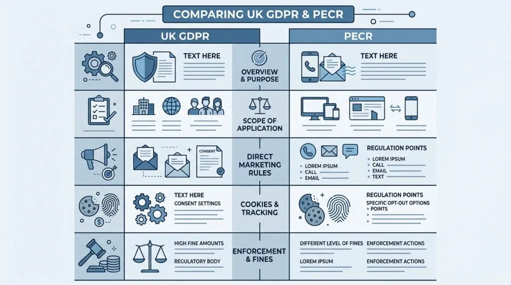 Diagram comparing UK GDPR and PECR rules for small business lead generation