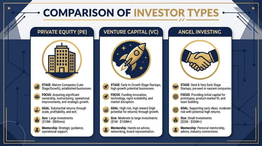 Comparison chart of venture capital, private equity and angel investing in the UK