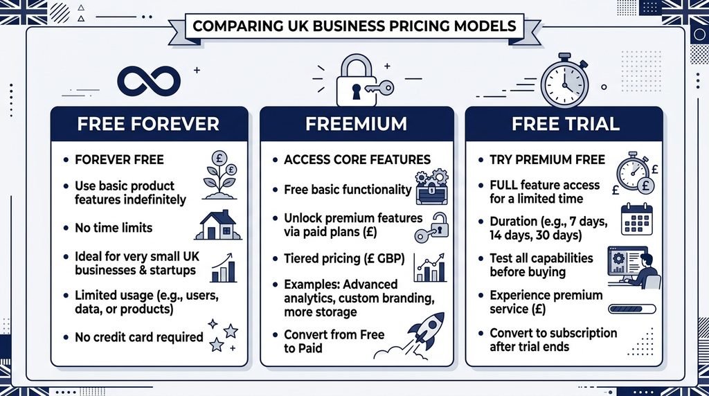  Infographic comparing free forever, freemium and free trial invoicing software models