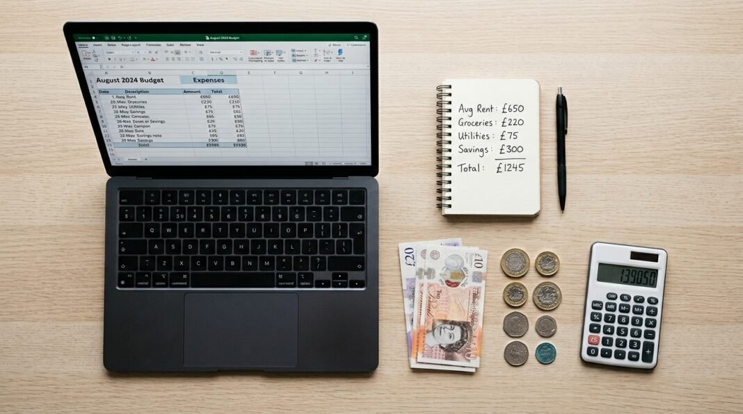 Flatlay of a laptop, calculator, and UK pound coins representing the cost of starting a business in the UK in