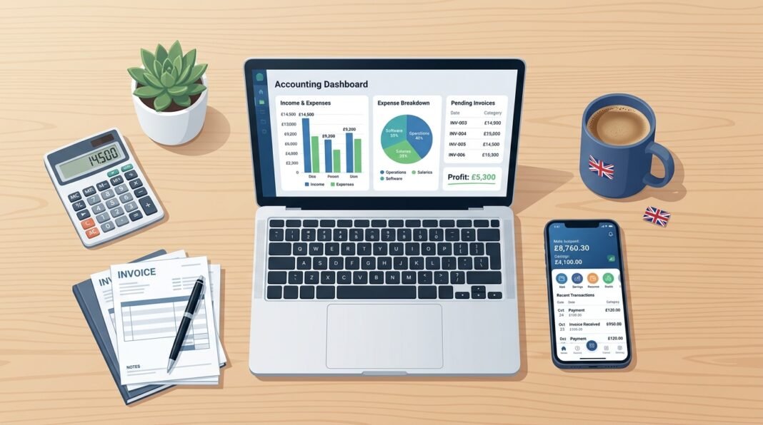 UK small business owner comparing cloud accounting software dashboards on a laptop and phone