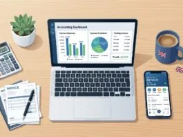 UK small business owner comparing cloud accounting software dashboards on a laptop and phone