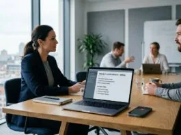 Laptop displaying an AI meeting notes app during a business meeting in a UK office