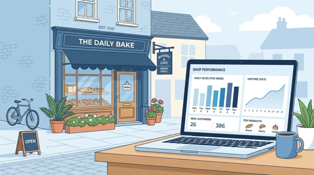 Illustration of a UK small business owner viewing a Google Analytics 4 dashboard on a laptop
