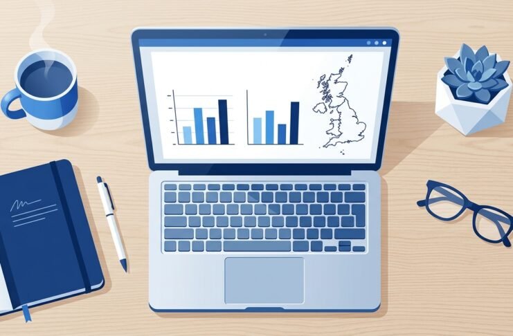 UK startup founder reviewing a pitch deck presentation on a laptop