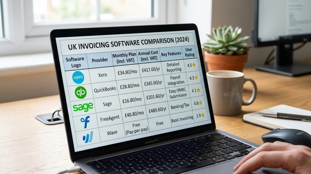 Laptop screen showing a comparison table of free UK invoicing software options