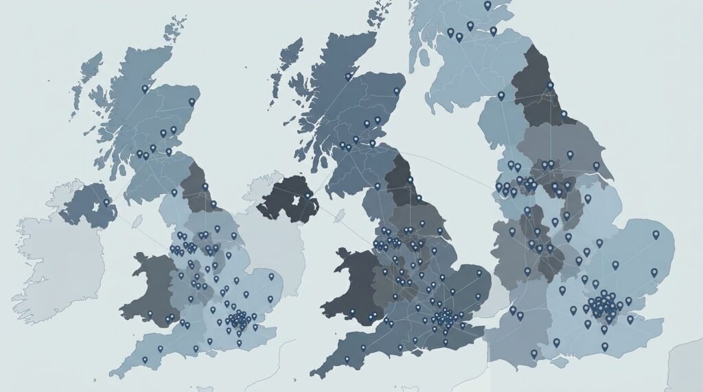 Map illustration of UK regional business growth hub network