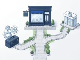 Illustration comparing a hosted online store path and a self-built online store path for a UK small business