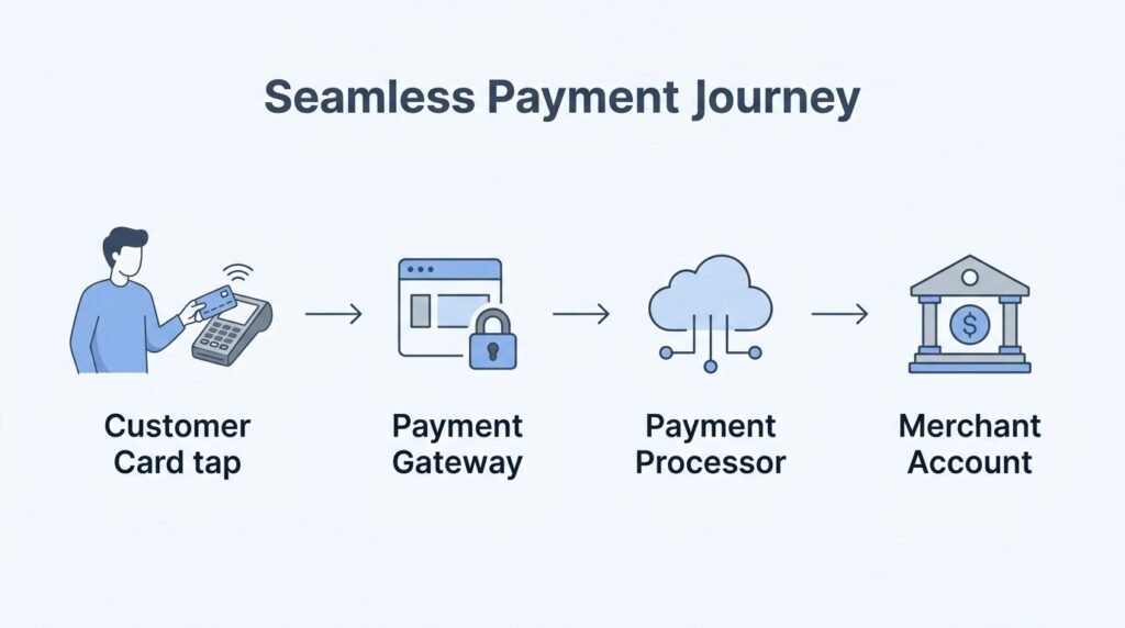 Diagram showing the difference between a payment gateway, payment processor, and merchant account