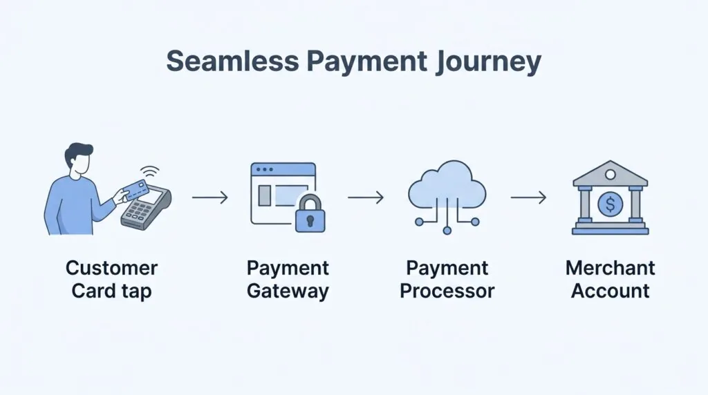 Diagram showing the difference between a payment gateway, payment processor, and merchant account