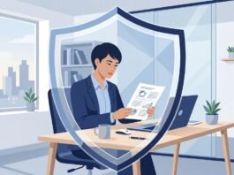 UK professional reviewing a document with a shield icon representing professional indemnity insurance protection