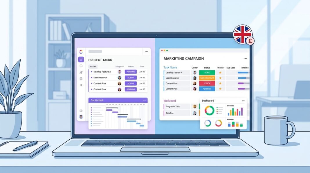 Split screen comparison illustration of ClickUp and monday.com project management dashboards for UK small business