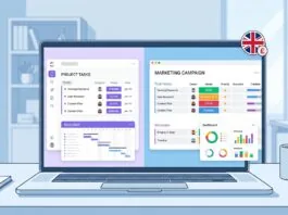 Split screen comparison illustration of ClickUp and monday.com project management dashboards for UK small business