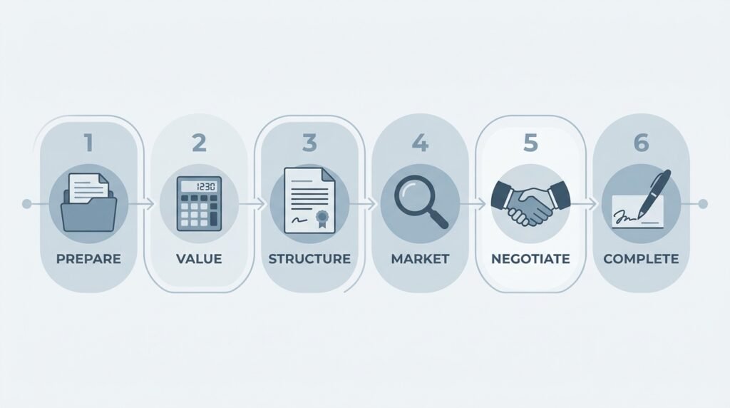  Six-step infographic showing how to sell a small business in the UK