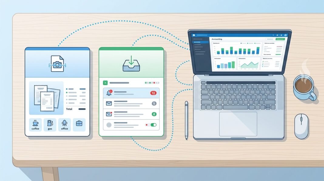 Illustration comparing two UK bookkeeping automation tools side by side with a laptop showing an accounting dashboard