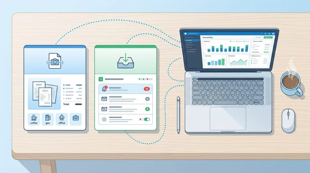 Illustration comparing two UK bookkeeping automation tools side by side with a laptop showing an accounting dashboard