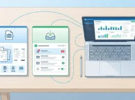 Illustration comparing two UK bookkeeping automation tools side by side with a laptop showing an accounting dashboard