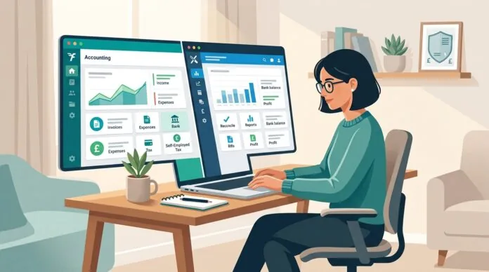 Illustration comparing FreeAgent and Xero accounting software dashboards for a UK sole trader