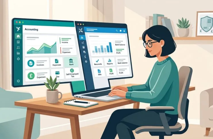 Illustration comparing FreeAgent and Xero accounting software dashboards for a UK sole trader