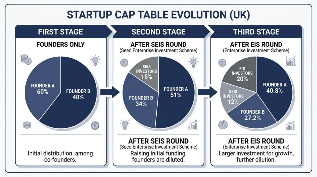 Chart showing UK startup equity dilution across SEIS and EIS funding rounds