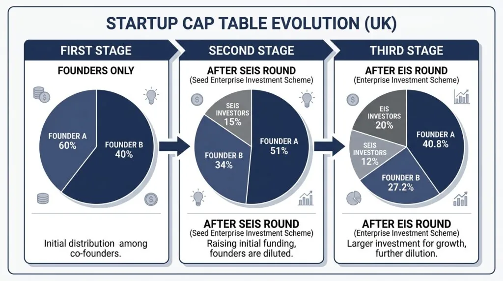 Chart showing UK startup equity dilution across SEIS and EIS funding rounds