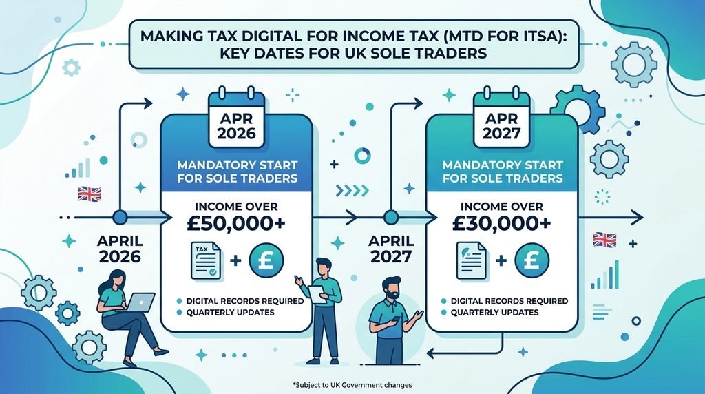 Timeline showing Making Tax Digital for Income Tax deadlines for UK sole traders