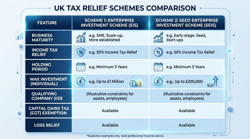 Comparison table of SEIS and EIS scheme limits for UK startups
