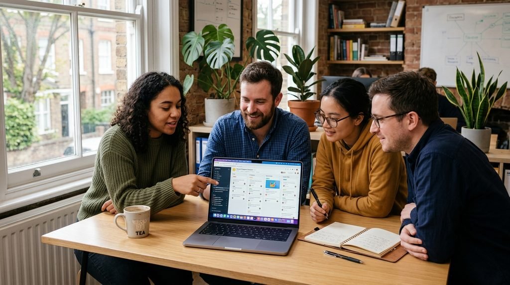 Small UK business team reviewing project management software options together