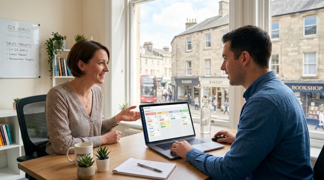 Small UK business team using AI sales software on a laptop to manage their sales pipeline