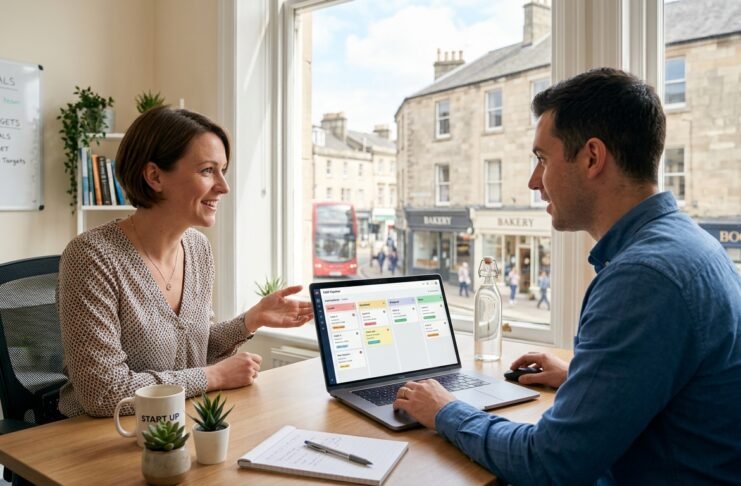 Small UK business team using AI sales software on a laptop to manage their sales pipeline