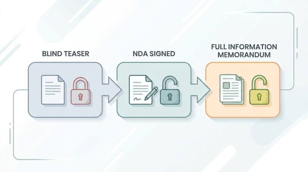  Diagram showing blind teaser, NDA, and information memorandum stages when selling a UK business