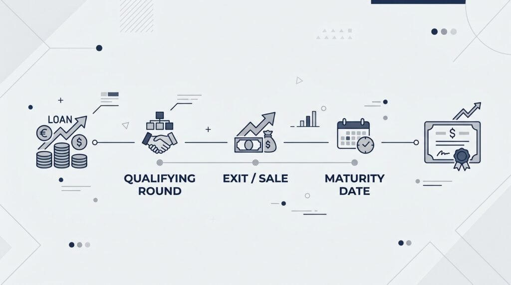 Timeline showing convertible loan note conversion trigger events for UK startups