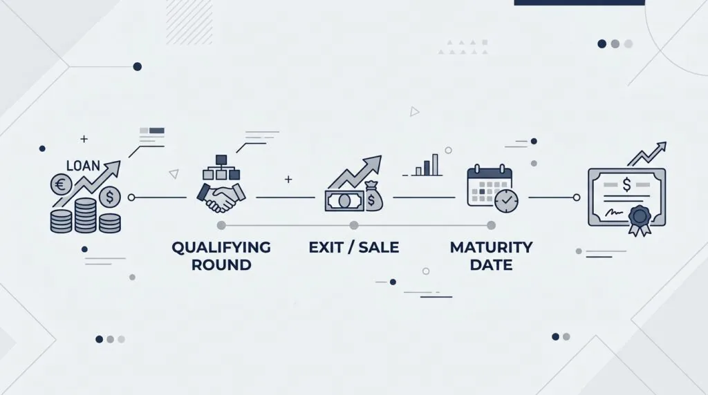 Timeline showing convertible loan note conversion trigger events for UK startups