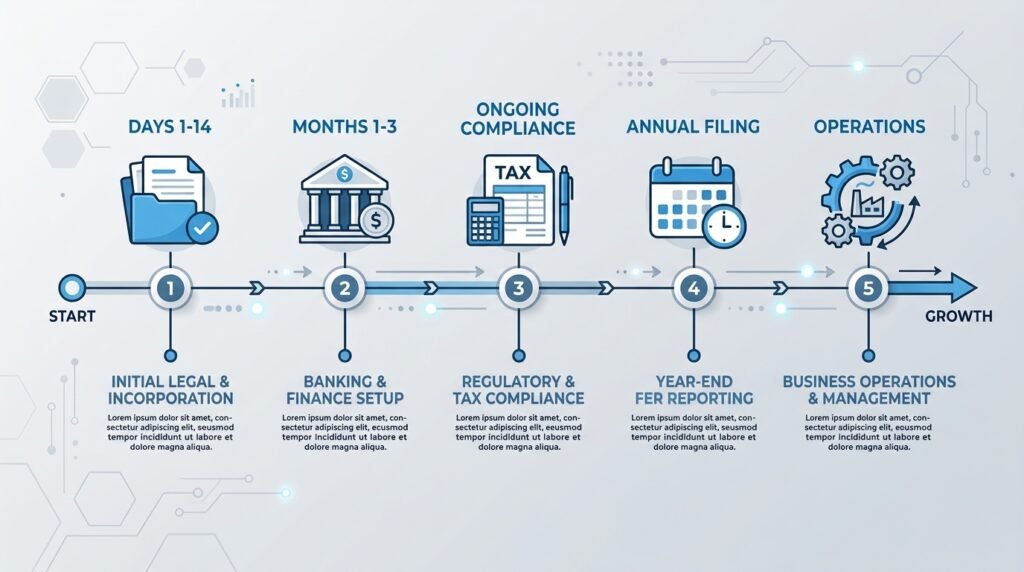  Timeline graphic showing the five phases of UK company compliance after incorporation