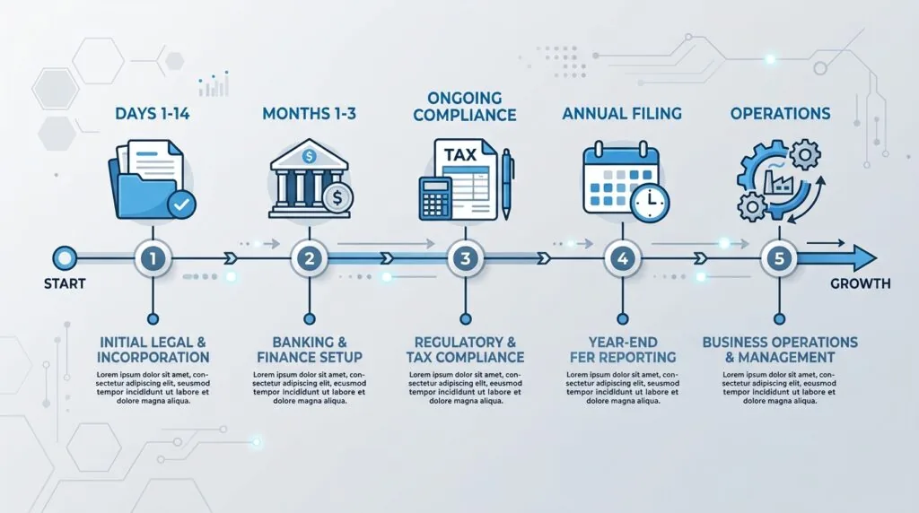 Timeline graphic showing the five phases of UK company compliance after incorporation