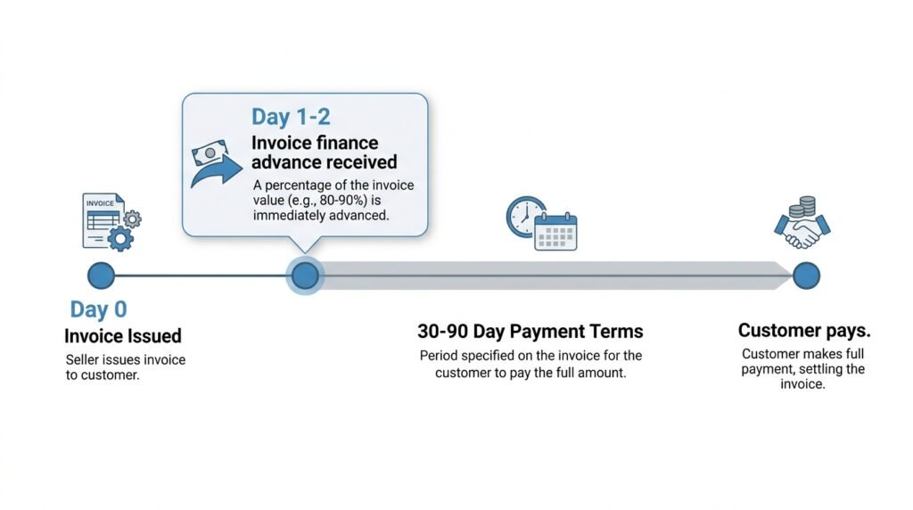 Timeline showing how invoice financing shortens the cash flow gap for UK businesses