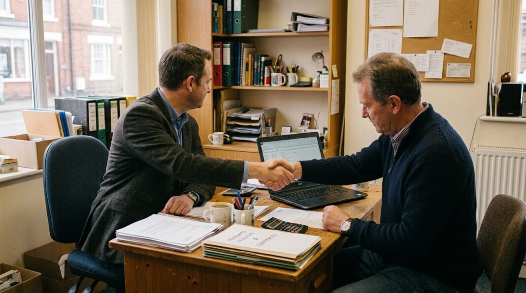 Business owner and buyer shaking hands after agreeing the sale of a UK small business