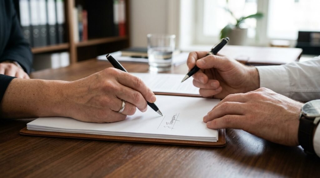  Two people signing UK NDA document as a deed with witness