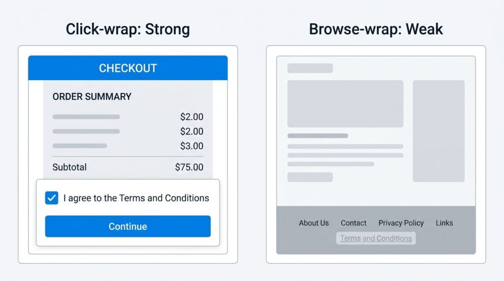  Diagram comparing click-wrap checkout consent versus browse-wrap footer terms and conditions link