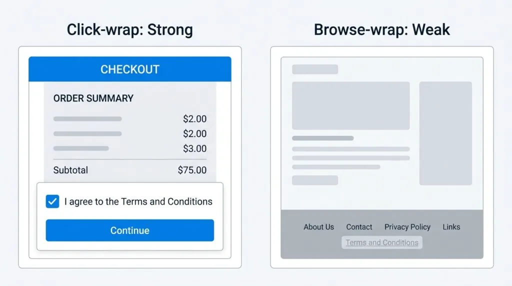  Diagram comparing click-wrap checkout consent versus browse-wrap footer terms and conditions link