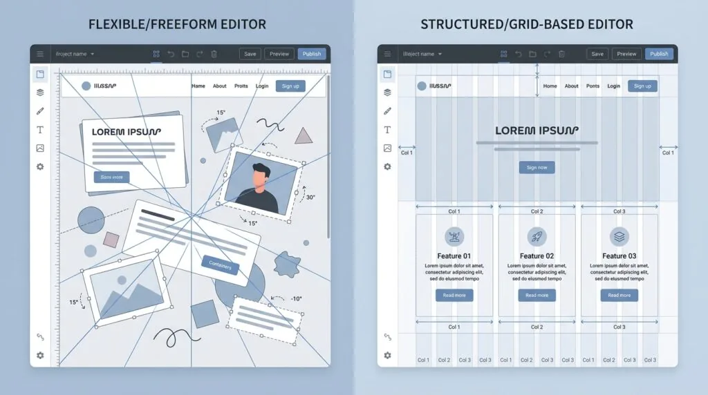 Comparison of Wix drag-and-drop editor and Squarespace grid-based Fluid Engine layout