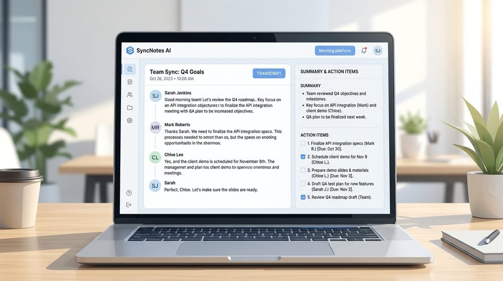 Mockup of an AI meeting assistant showing a transcript and automatically generated action items