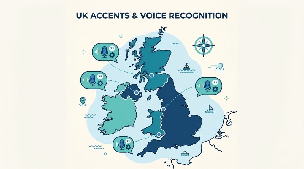 Map of the UK highlighting regions with different accents relevant to AI transcription accuracy