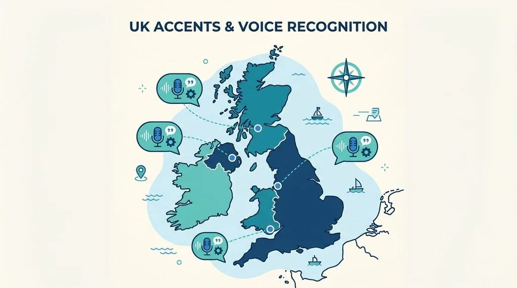 Map of the UK highlighting regions with different accents relevant to AI transcription accuracy