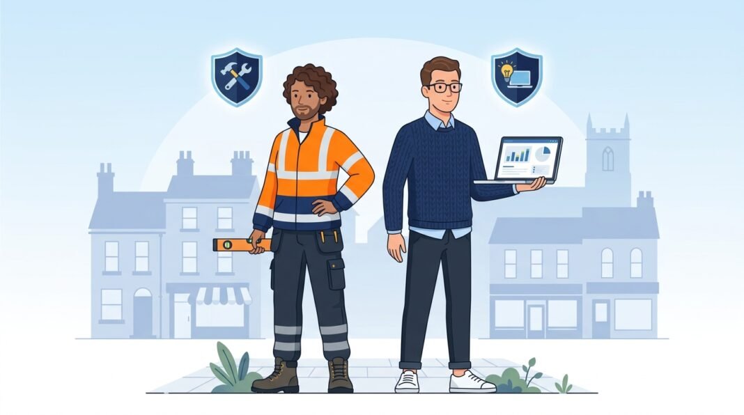 : UK small business owner and tradesperson protected by public liability insurance illustration