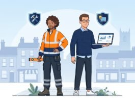 : UK small business owner and tradesperson protected by public liability insurance illustration