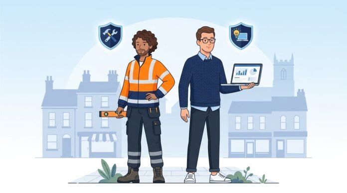 : UK small business owner and tradesperson protected by public liability insurance illustration