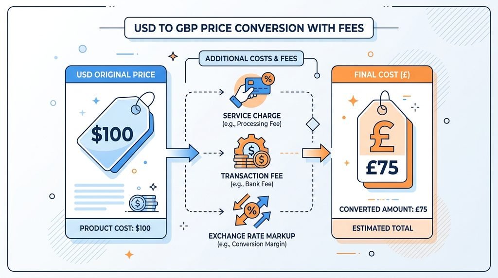Illustration showing USD to GBP currency conversion for software subscriptions
