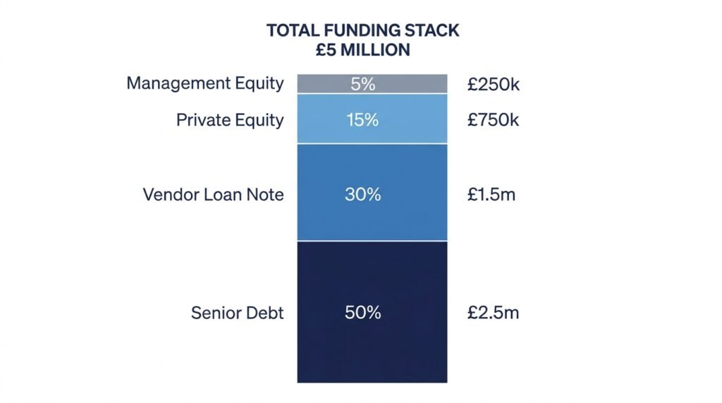 Bar chart showing the funding stack breakdown for a £5 million UK management buyout